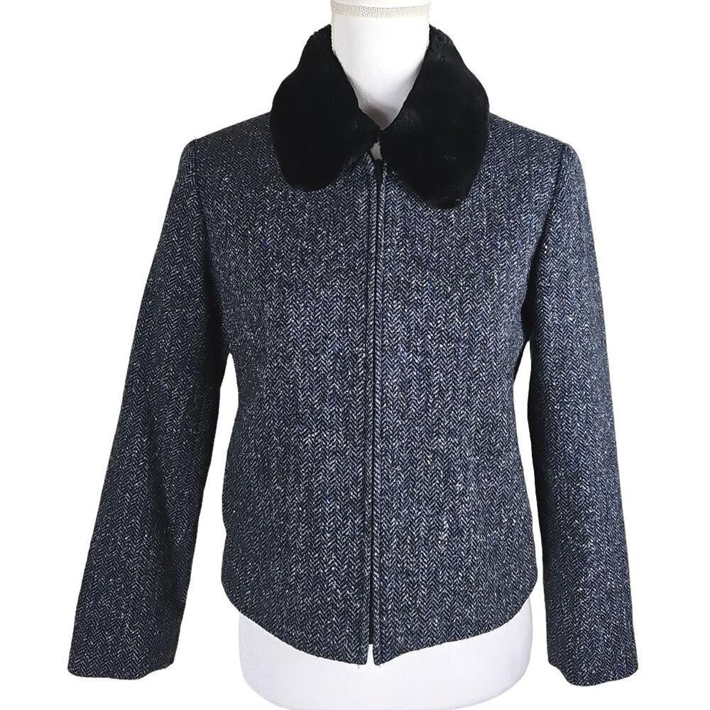 Talbots~Woman Size 6 Petite~Tweed Jacket Blazer w/Removable Faix Fur Collar.